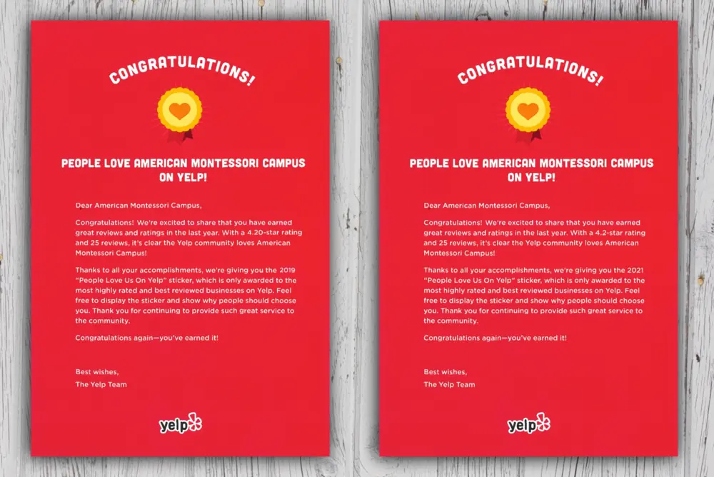 American Montessori Campus Receives Yelp Business Award!